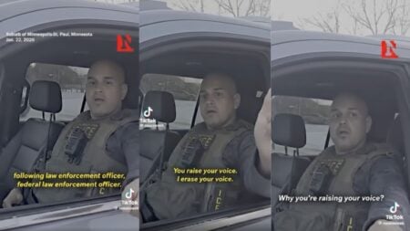 ICE agent in Minnesota speaking to a civilian during a tense exchange captured in a viral video that sparked online outrage.