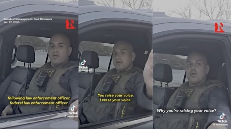 ICE agent in Minnesota speaking to a civilian during a tense exchange captured in a viral video that sparked online outrage.
