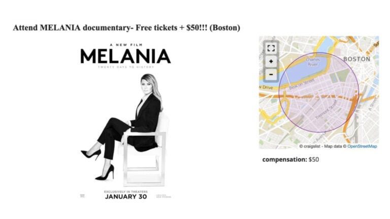 Massachusetts Craigslist Seller Offered Free Tickets Plus $50 Compensation To Watch Melania's Movie Before Shutting Down