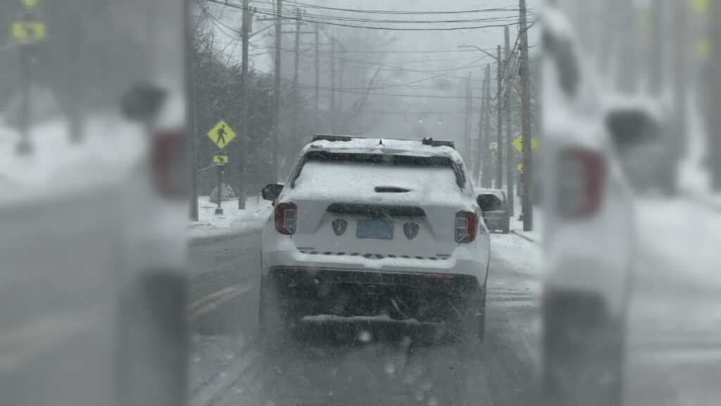Police Car Driving Without a Care in the World Through Blizzard
