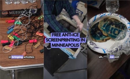 Minneapolis print shop has become a place of solidarity amidst growing ICE activity. Image shows whistles brought to distribute, and cookies decorated with anti-ICE imagery