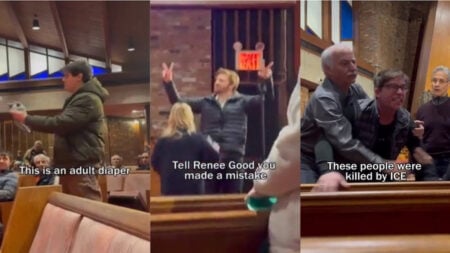Screenshots of activists interrupting speaking engagement of New York congressman Tom Suozzi