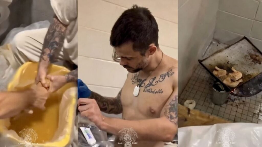 Inmates inside a California prison gather around a makeshift distillery while a tattoo artist works nearby and food sits on a table, as seen in a viral video.