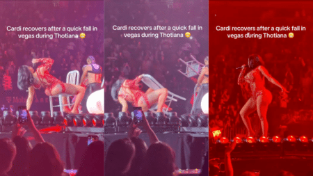 Cardi B performing on stage in Nevada during her Little Miss Drama tour shortly before falling and joking with the crowd.