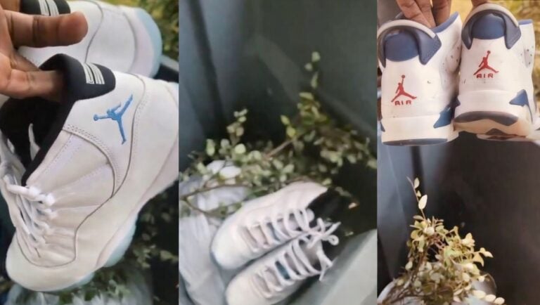 Man placing a pair of retro Air Jordans into a public trash bin after a viral Florida Daytona 500 controversy.