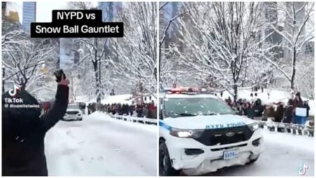 ‘You Guys Can’t Aim’: NYPD Goes Viral After Police Cruiser Joins Snowball Fight in Central Park NYPD viral video of snowball fight in Central Park