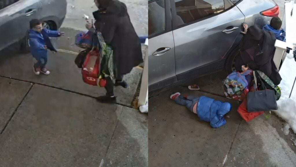 The moment a car crashes into a New Jersey preschool during pickup time, striking a mother and her child near the entrance.
