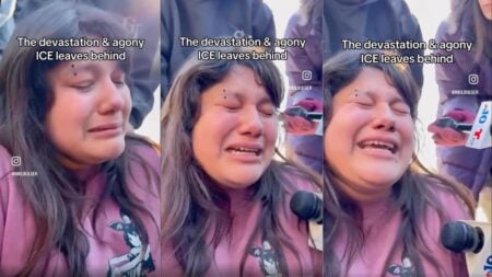 Woman crying hysterically as bystanders offer water after ICE agents detain her family in Pennsylvania.