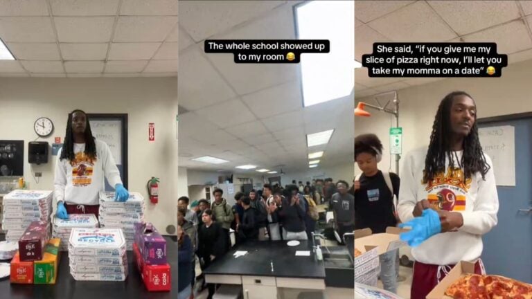 Texas teacher standing in front of stacked pizza boxes while announcing free slices and $2 charge for extra pieces in classroom.