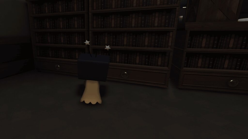 Vee in Roblox Dandy's World Near a Bookshelf