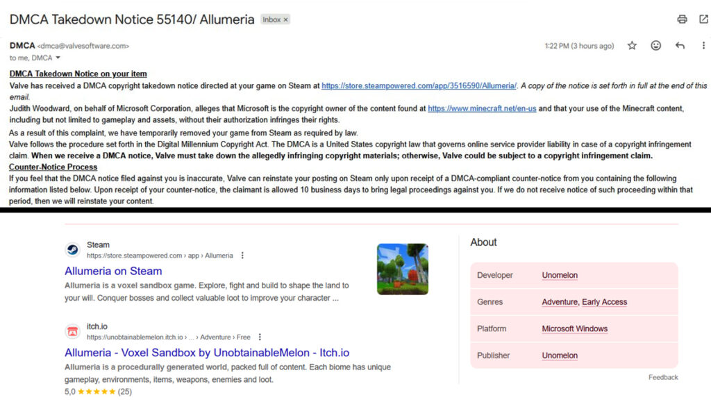 Minecraft-Inspired Game on Steam Removed After Microsoft DMCA, AI Claim Suspected