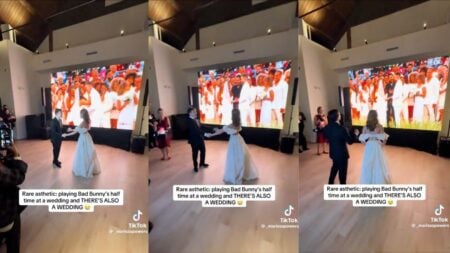 Couple watches Bad Bunny’s Super Bowl halftime show in California at their wedding as another wedding appears on screen.