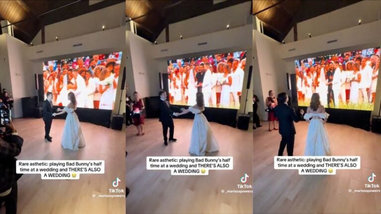Couple watches Bad Bunny’s Super Bowl halftime show in California at their wedding as another wedding appears on screen.