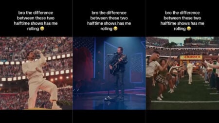 Screenshots of video showing official bad bunny halftime show vs TPUSA show