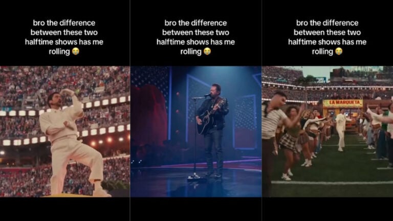 Screenshots of video showing official bad bunny halftime show vs TPUSA show