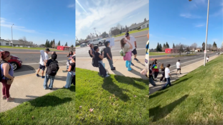 MAGA supporter shouts at children during an anti-ICE protest in California as the kids boo him.