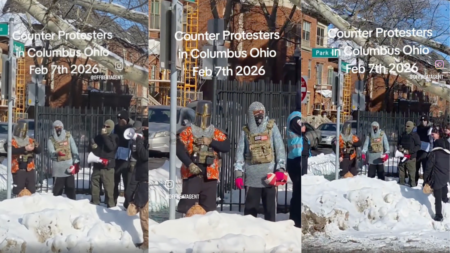 Pro-ICE counter-protesters in Ohio stand across the street wearing unusual costumes.