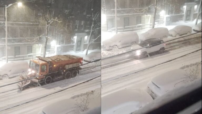 plow and SUV driving through bronx, new york during road ban