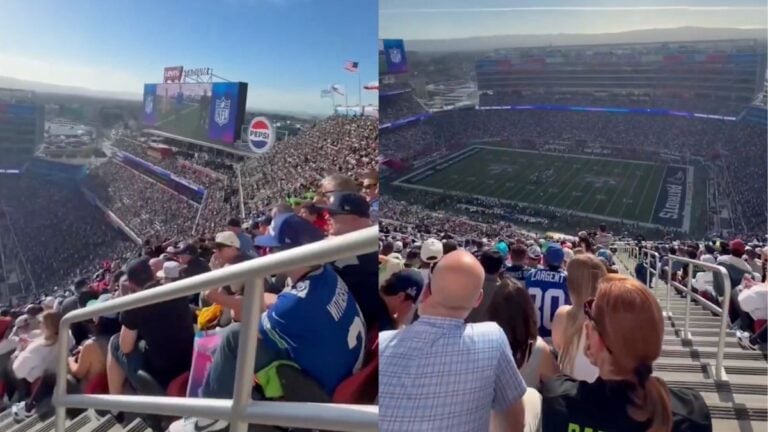 View from $3,400 Super Bowl seats in California showing the field barely visible from the upper deck.