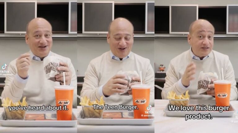 A&W Canada pitchman Allen Lulu parodying Illinois-based McDonald's CEO Chris Kempczinski's viral Big Arch burger video holding a Teen Burger.