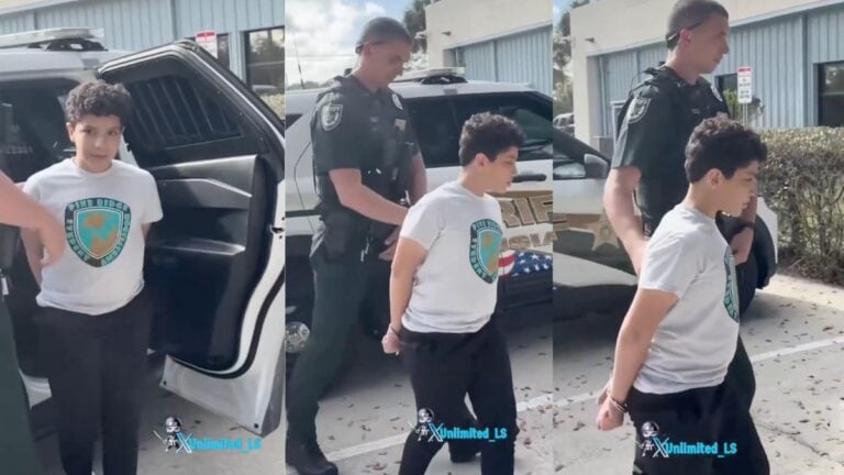 10-year-old Florida boy Micah Swinnie being escorted in handcuffs into a Volusia County holding cell after writing a kill list and gun threat at Pride Elementary School in Deltona.