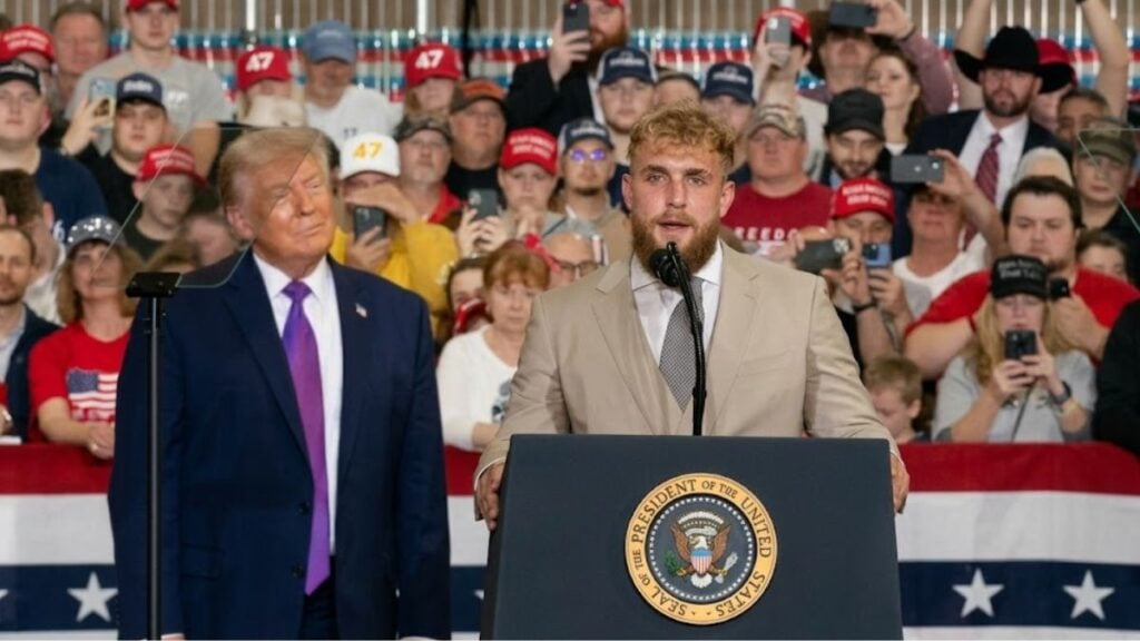 President Trump and Jake Paul on stage together at a rally at Verst Logistics in Hebron, Kentucky as Trump gives Paul his complete and total endorsement for political office.