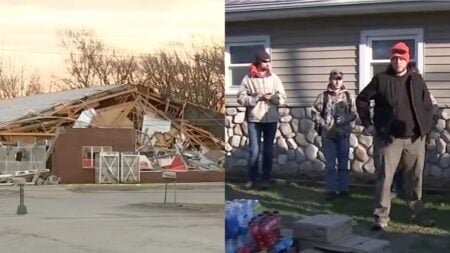 Tornado damage in Lake Village Indiana as volunteers help residents after deadly storm