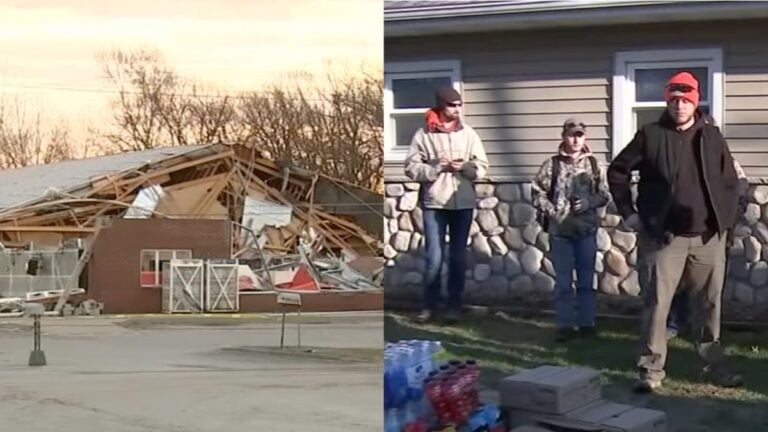 Tornado damage in Lake Village Indiana as volunteers help residents after deadly storm