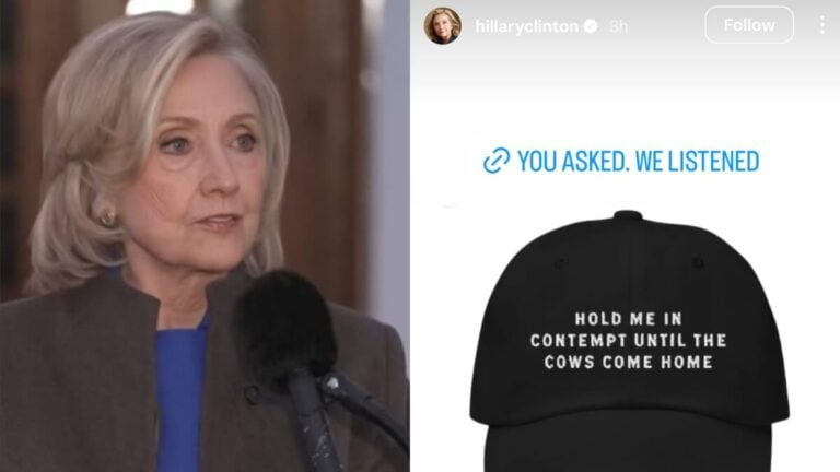 A picture of Hillary Clinton and her merch.