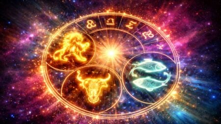 Glowing zodiac wheel highlighting Leo, Taurus and Pisces against a colorful cosmic background