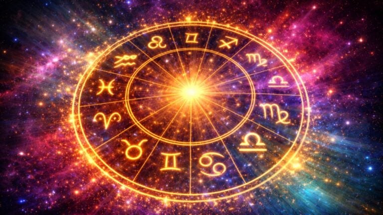 Glowing zodiac wheel with astrology symbols against a colorful cosmic galaxy background
