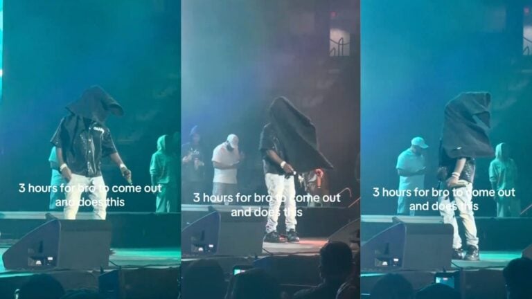 Kodak Black stumbling onstage at his Texas concert stop on March 14 during the Cowboy Bill Texas Takeover Tour wearing a hoodie while fans wait for a real performance.