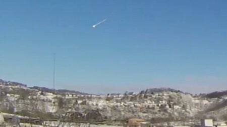 Trail of smoke left by a meteor in the sky on St. Patrick's Day morning, March 17, 2026, after a sonic boom rattled Ohio and Pennsylvania.