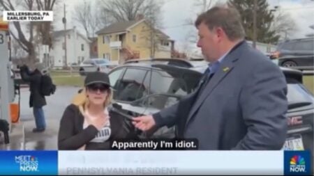 Pennsylvania voter Amanda Robbins speaking to NBC News reporter Johnathan Allen at a Penn Jersey Mart gas station in Millersburg Pennsylvania during a Meet the Press NOW segment on rising gas prices.