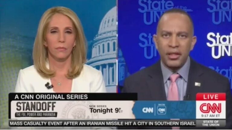 New York House Minority Leader Hakeem Jeffries speaking at a press conference warning against the deployment of ICE agents at airports across the United States.