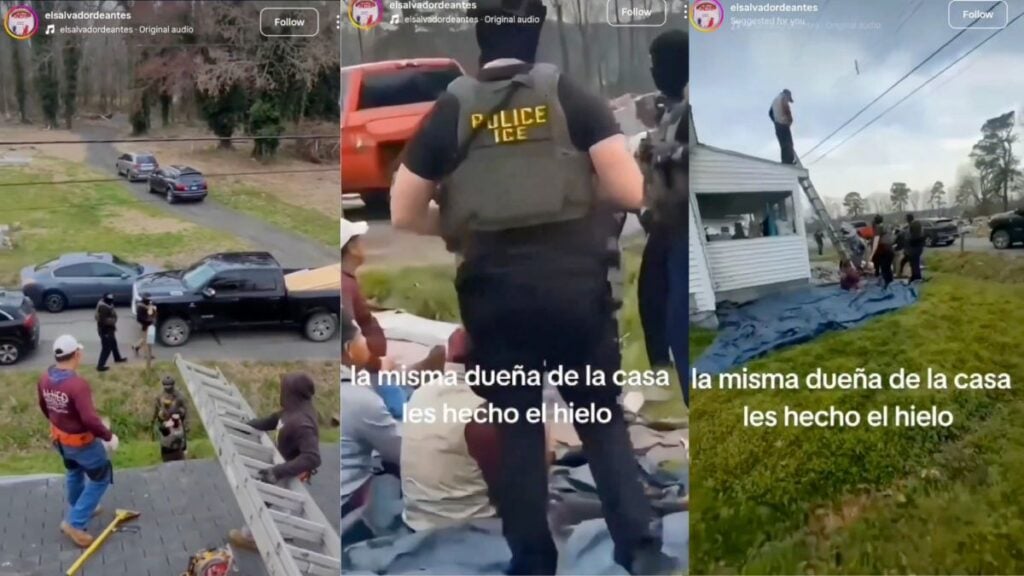 Maryland Homeowner Waits Until Roofers Fix Her Home Before Calling ICE on Them: ‘She Called the Law on Us’ Screenshot from Bryan Polanco's viral livestream showing ICE agents detaining six Guatemalan roofing workers at a residential property in Cambridge Maryland on March 25 2026.