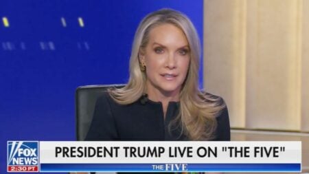 President Trump speaking on the phone during his appearance on Fox News The Five on March 26 2026 while Dana Perino asks about Iranian civilian humanitarian conditions during the war.