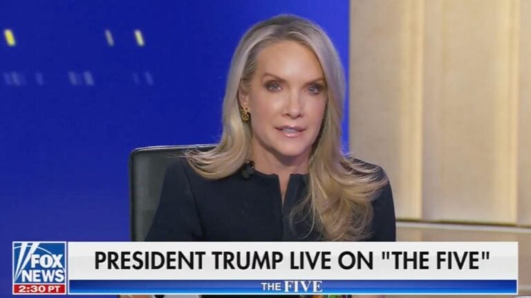 President Trump speaking on the phone during his appearance on Fox News The Five on March 26 2026 while Dana Perino asks about Iranian civilian humanitarian conditions during the war.