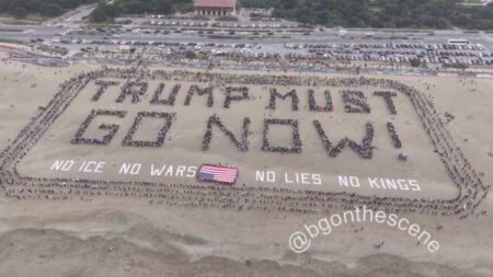 California Protesters Form 600-Foot-Wide Human Banner Reading ‘Trump Must Go Now’ on San Francisco Beach During No Kings Day Aerial drone footage of hundreds of protesters forming a 600-foot human banner spelling Trump Must Go Now on San Francisco Ocean Beach California during No Kings Day on March 28 2026