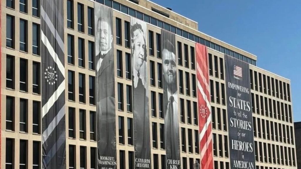 A picture of a Charlie Kirk banner in Washington DC.