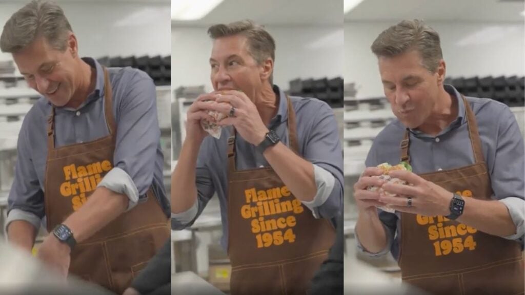 Burger King President Takes a Big Bite of a Whopper After McDonald’s CEO Timidly Bit Into New Big Arch Burger in Illinois: ‘This Is My Kind of Petty’ Burger King president Tom Curtis taking a big bite of a Whopper.