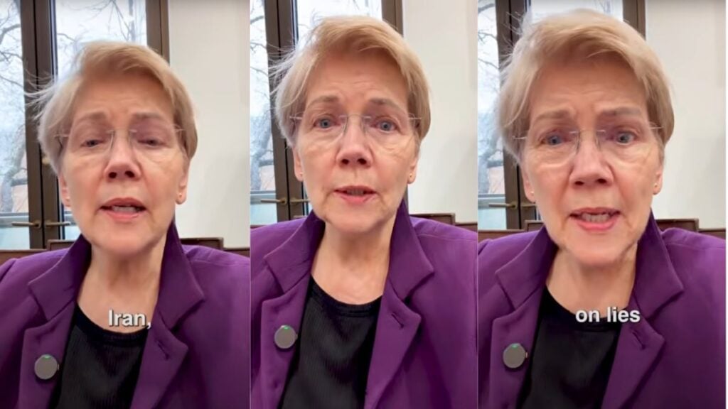 Massachusetts Senator Elizabeth Warren speaking after classified Iran war briefing at the U.S. Capitol.