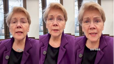 Massachusetts Senator Elizabeth Warren speaking after classified Iran war briefing at the U.S. Capitol.