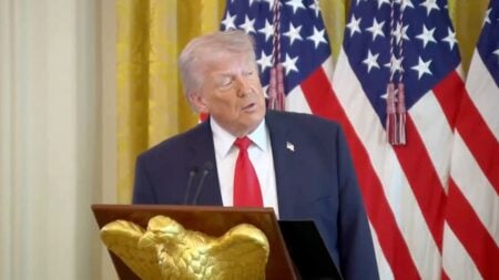 President Donald Trump speaks at the White House Easter lunch on April 1, 2026, where he told faith leaders the federal government cannot fund daycare or social programs while prioritizing military spending.