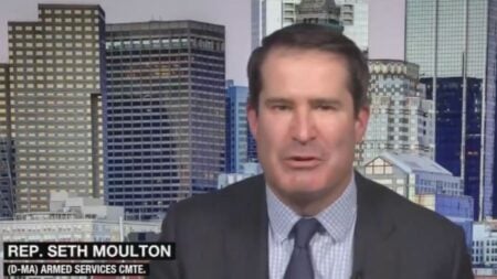 Massachusetts Congressman Seth Moulton speaks during a live television interview on MSNBC, alleging that President Trump fired Attorney General Pam Bondi to prevent her from being deposed about the DOJ's handling of the Jeffrey Epstein files.