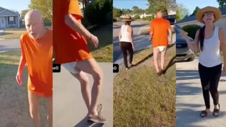 A man films himself on a residential street in Wilmington, North Carolina, intervening as an elderly man in a soiled diaper is guided by his caregiver away from his home, as the concerned neighbor questions her actions on camera.