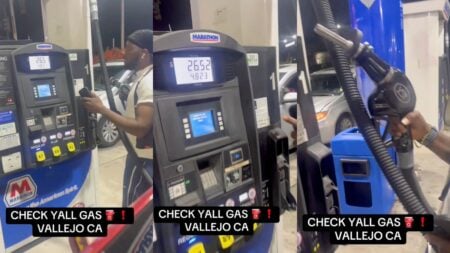 A customer at a Marathon gas station in Vallejo, California holds a fuel nozzle away from her car with no visible gas flowing while the pump's digital display continues to tick upward, showing the meter still charging.
