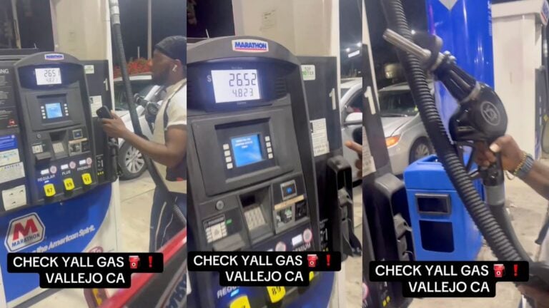 A customer at a Marathon gas station in Vallejo, California holds a fuel nozzle away from her car with no visible gas flowing while the pump's digital display continues to tick upward, showing the meter still charging.