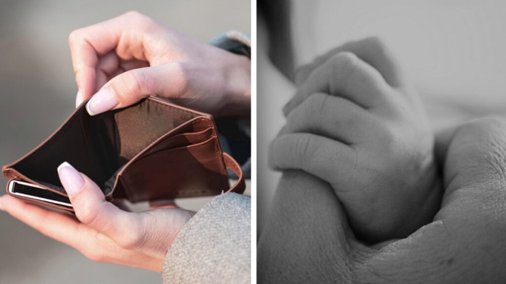 Woman Holding Wallet and Baby Holding Hand