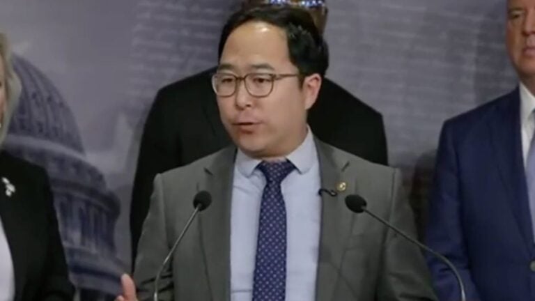 New Jersey Democratic Senator Andy Kim speaks at a press conference in Washington D.C., flanked by Democratic colleagues, expressing frustration over the Iran war and calling President Trump an "unhinged" commander-in-chief in remarks that quickly went viral.